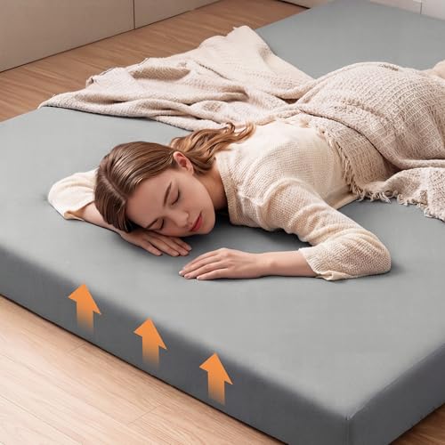 HOMBYS Japanese Floor Mattress Futon, 6" Thick Tatami Sleeping Pad with Memory Foam + High-Density Support Foam, Foldable Roll Up Mat for Adults Kids, Guest Bed Dormitory Tent Camping, Grey HOMBYS