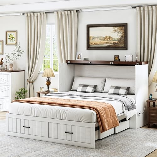 JassmiPkwy Queen Size Murphy Bed Frame, Farmhouse Wood Queen Beds with Charging Station, Drawer, Queen Foldable Platform Bed, White JassmiPkwy