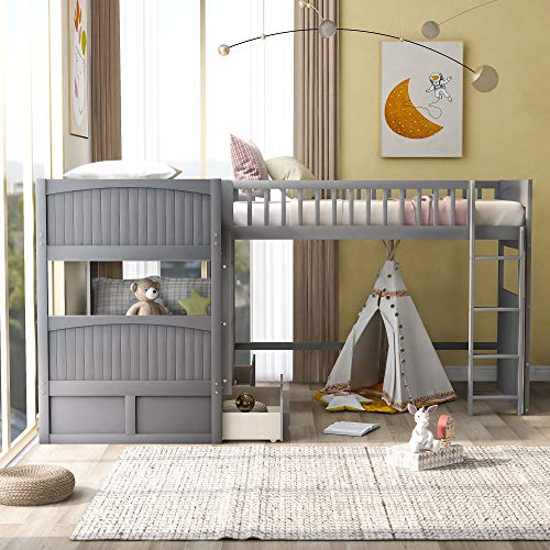GAOWEI L-Shaped Bunk Bed with Drawers,Twin Over Twin Triple Bunk Beds and Loft Bed for 3 with Ladder & Guardrail & Headboard & Footboard Kids/Solid Wood Triple Bunk Bed for Kids (Gray) GAOWEI