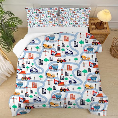 FUYEUN Cartoon Truck Comforter Set Twin: Construction Bedding Set for Boys Kids Children Bedroom Dorm White Cute Cars Quilt 1 Comforter + 1 Pillow Case