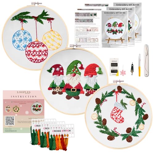 Looples Embroidery Kit for Beginners and Adults with Video Tutorials – DIY Starter Kit with 3 Stamped Floral Patterns, Hoops, Threads, Needles, and Instructions (Gnomes, Ornaments & Holiday Wreath)