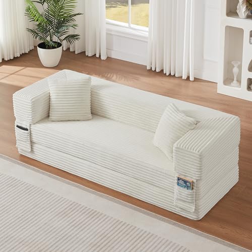 78-Inch Boneless Sofa in a Box, Foldable 2 Seat Foam Couches Corduroy Floor Cloud Loveseat Sofa with Wide Armrest and 2 Back Pillows, No Assembly Required ERYE