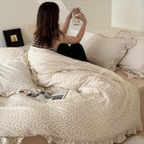 BuLuTu Carmine Flower Print Duvet Cover Full, Soft Lightweight Cotton Muslin Quilt Cover with Zipper Closure Floral Comforter Cover Ruffles Princess Bedding, Machine Washable, Camellia Pattern BuLuTu