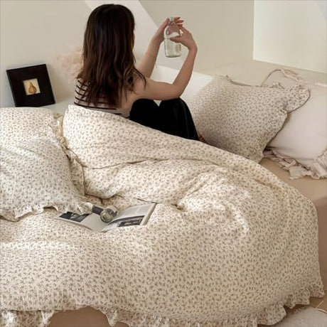 BuLuTu Carmine Flower Print Duvet Cover Full, Soft Lightweight Cotton Muslin Quilt Cover with Zipper Closure Floral Comforter Cover Ruffles Princess Bedding, Machine Washable, Camellia Pattern BuLuTu