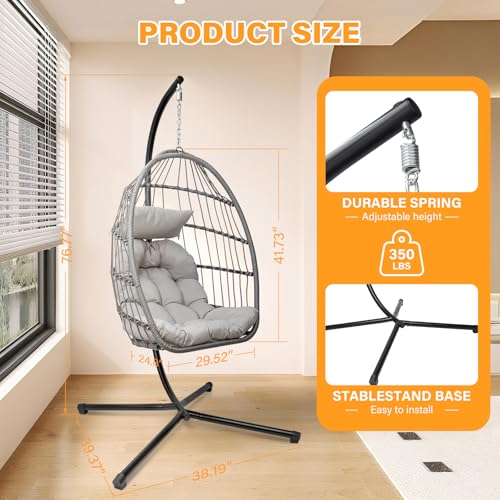 Hanging Egg Chair with Stand, Patio Wicker Hammock Egg Swing Chair with Cushion for Bedroom Garden Indoor Outdoor SZHLUX