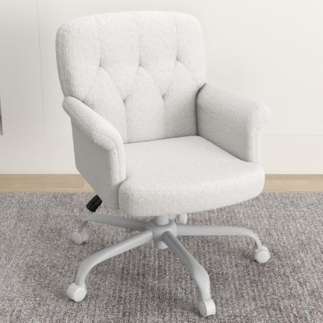 Keratee Teddy Fleece Office Chair, Comfy Home Office Desk Chair with Adjustable Height & 360° Swivel, Ergonomic Computer Chair for Long Hours, Multi-Functional Vanity/Makeup Chair, White Keratee