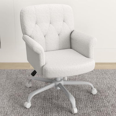 Keratee Teddy Fleece Office Chair, Comfy Home Office Desk Chair with Adjustable Height & 360° Swivel, Ergonomic Computer Chair for Long Hours, Multi-Functional Vanity/Makeup Chair, White