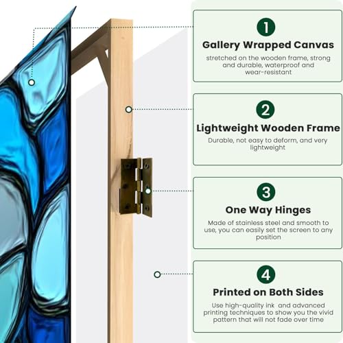 4 Panels Folding Screen Room Divider Abstract Stained Glass Mosaic Blue Spirals Canvas Screen Room Separator Freestanding Protective Decorative Divider Privacy Partition VETEB