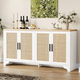 GarveeHome 4-Door Sideboard Buffet Cabinet, Natural Rattan Storage Cabinet, Boho Entryway Console Table, Coffee Bar Station for Dinning Room, Living Room, Kitchen, White GarveeHome