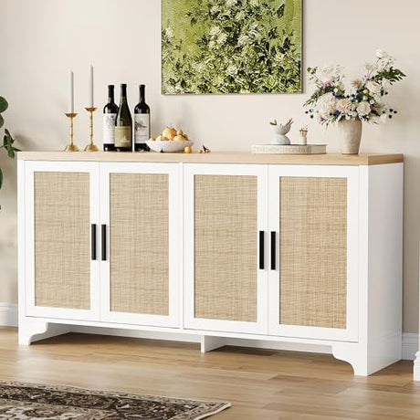 GarveeHome 4-Door Sideboard Buffet Cabinet, Natural Rattan Storage Cabinet, Boho Entryway Console Table, Coffee Bar Station for Dinning Room, Living Room, Kitchen, White GarveeHome