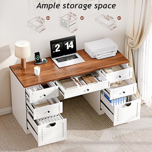 Ieejdn 59" Home Office Desks, Executive Desk, Farmhouse Computer Desk with 7 Drawers and Charging Station, File Drawer, Rustic Computer Writing Desk,Antique Cream Ieejdn