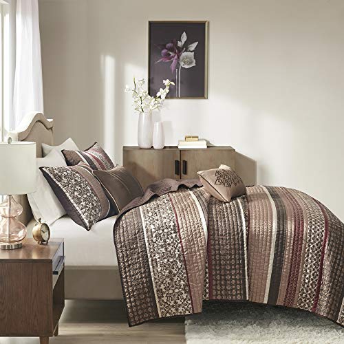 Madison Park Quilt Set Luxurious Jacquard Stripes Design - All Season, Coverlet Bedspread Lightweight Bedding Layer, Shams, Decorative Pillow, Full/Queen(90"x90"), Floral Red 5 Piece Madison Park
