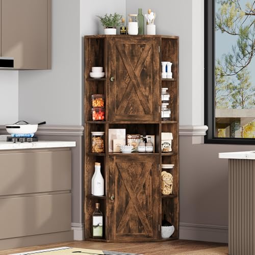 Halitaa Farmhouse Corner Cabinet, Tall Corner Storage Cabinet with Barn Doors and Adjustable Shelves Wooden Display Bookshelf Pantry Cabinets Organizer Home Furniture for Bathroom, Living Room Halitaa
