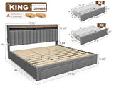 EnHomee King Size Bed Frame, Upholstered King Bed Frame with 4 Storage Drawers & 2-Tier Headboard Shelves, 1200LBS Heavy Duty, No Box Spring Needed, Easy Assembly, Grey EnHomee