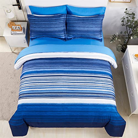 KAKIJUMN 7 Piece Bed in a Bag Stripe Comforter Set Queen Size, White and Blue Patchwork Striped Comforter and Sheet Set, All Season Soft Microfiber Complete Bedding Sets(Blue,Queen) KAKIJUMN
