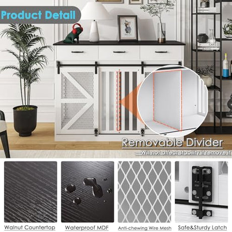 kepptory 48'' Dog Crate Furniture with Divider&Storage Drawers, Wooden Double Dog Kennel Furniture End Table with Sliding Barn Doors, White Double Dog Crate TV Stand kepptory