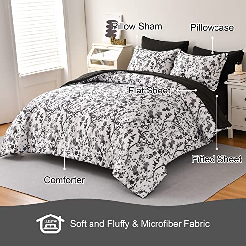 LLDSYW King Size Comforter Set - 7 Pieces Bed in a Bag Soft Microfiber Bedding Comforter Set Leaves Floral Pattern on White Comforter Sets with Sheets for All Seasons (King, Black) LLDSYW
