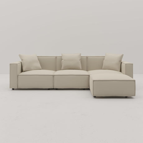 Acanva Luxury Modular Sectional Living Room Sofa Set, Modern Minimalist Style Couch with Ottoman and Chaise, L-Shape, Vegan Leather Cream Acanva