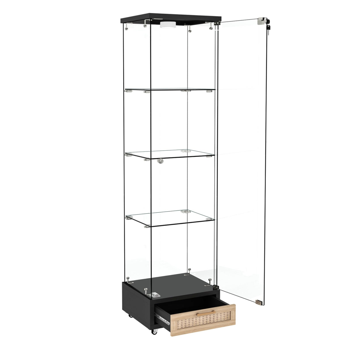 4-Tier Glass Display Cabinet with LED Lights & PE Rattan Drawers, Glass Curio Cabinets Collectibles Display Case on Wheel, Tempered Glass Freestanding Bookshelf for Living Room Bedroom Office, Black TehRecBT