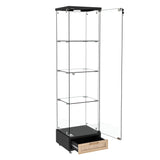 4-Tier Glass Display Cabinet with LED Lights & PE Rattan Drawers, Glass Curio Cabinets Collectibles Display Case on Wheel, Tempered Glass Freestanding Bookshelf for Living Room Bedroom Office, Black TehRecBT