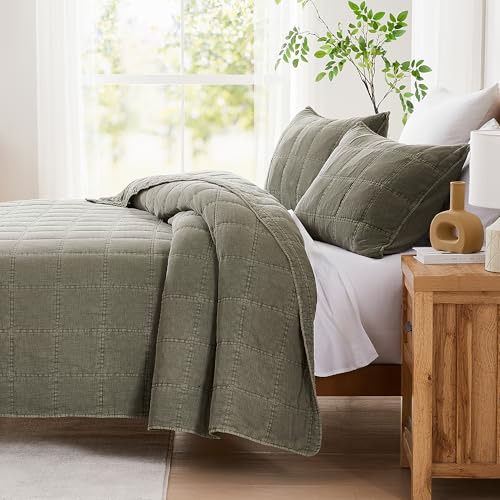Lush Decor Logan Stone Washed Cotton Quilt 3 Piece Set King/California King Sage - Rustic Bedding Set - Soft Green Quilt - Lightweight - Minimalist & Boho Bedroom Decor Lush Decor
