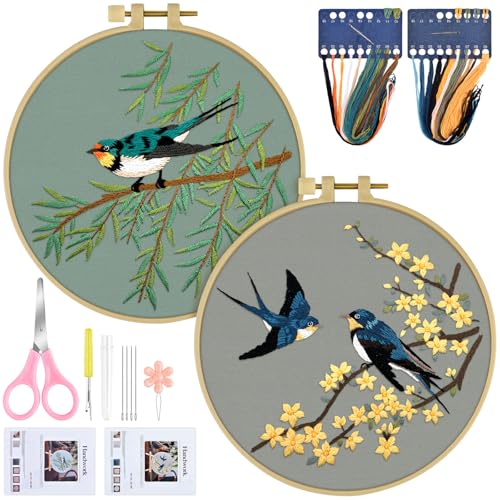 ERKOON Embroidery Kit for Beginners, 2 Set Floral Cross Stitch Set Include Embroidery Cloth Hoops Threads for Craft Lover Hand Stitch with Embroidery Skill Techniques (Hummingbird)