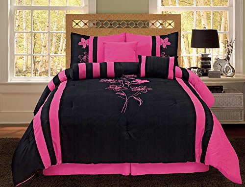 Empire Home 7 Piece Comforter Set Pink & Black Flower Design Bedding (Full) Empire Home