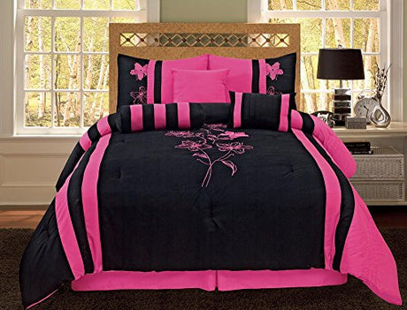 Empire Home 7 Piece Comforter Set Pink & Black Flower Design Bedding (Full) Empire Home