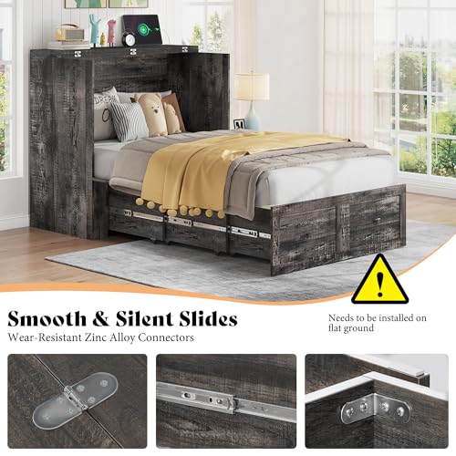 AMERLIFE Twin Murphy Bed Cabinet with Charging Station and Storage Drawer, Farmhouse Foldable Platform Bed for Home Office, Apartment, Small Spaces, Black Oak AMERLIFE