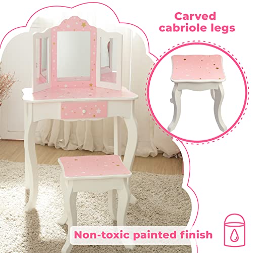 Teamson Kids Princess Gisele Twinkle Star Print 2-Piece Kids Wooden Play Vanity Set with Vanity Table, Tri-Fold Mirror, Storage Drawer, and Matching Teamson Kids