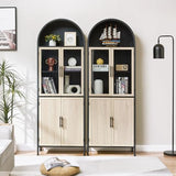 HUSHEDIFY Arched Storage Cabinet with Glass Doors & Shelves, 5-Tier Farmhouse Bookcase Bookshelf Tall Floor Curved Hutch Storage Cabinet for Living/Dining/Office - Oak&Black HUSHEDIFY