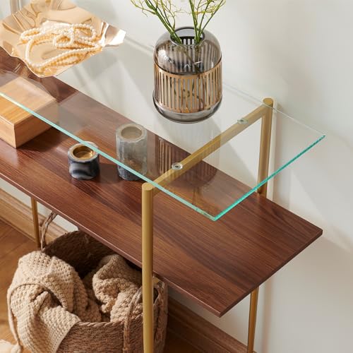 Saint Mossi 2-Tier Console Table for Living Room, Modern Narrow Entryway Table for Hallway, Foyer, Corridor, Office, Clear Glass Top & Gold Frame, D41×H31 SM Saint Mossi