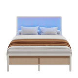 GAOMON Queen Size Bed Frame with LED Lights and Rattan Headboard, Modern Rattan Platform Bed, Heavy Duty Bed Frame with Metal Slat Support, No Box Spring Needed, Easy Assembly, White GAOMON