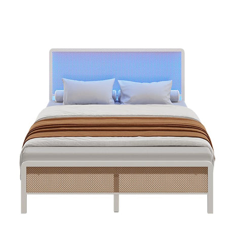 GAOMON Queen Size Bed Frame with LED Lights and Rattan Headboard, Modern Rattan Platform Bed, Heavy Duty Bed Frame with Metal Slat Support, No Box Spring Needed, Easy Assembly, White GAOMON