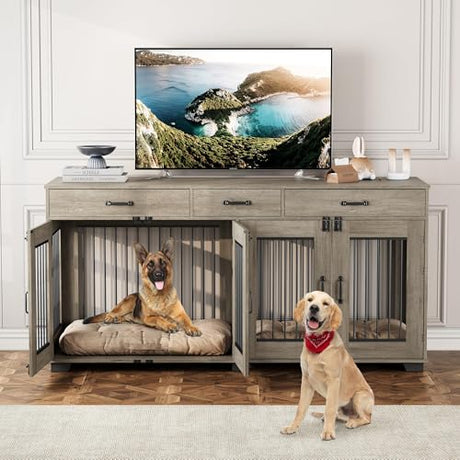 71''Wooden Dog Crate Furniture for 2 Dogs, XXL Indoor Double Dog Kennel with 3 Storage Drawers and Removable Divider, Wooden Double Doors, Large Dog Crate TV Stand End Table, Gray GarveeTech
