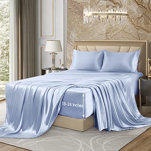 VACVELT 4pcs Extra Deep Pocket Queen Size Bedding Set, Baby Blue Luxury Satin Sheet Set Fit 18-24 Inch Deep Pocket Mattress, Soft & Ultra Deep Fitted Sheet Set VACVELT