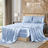 VACVELT 4pcs Extra Deep Pocket Queen Size Bedding Set, Baby Blue Luxury Satin Sheet Set Fit 18-24 Inch Deep Pocket Mattress, Soft & Ultra Deep Fitted Sheet Set VACVELT