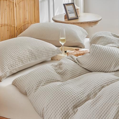 WARMDERN Waffle Weave Duvet Cover King Size, Khaki Textured Duvet Cover Set, Soft and Breathable Comforter Cover, 3 Pieces Microfiber Bedding Set for All Season(Khaki,King) WARMDERN