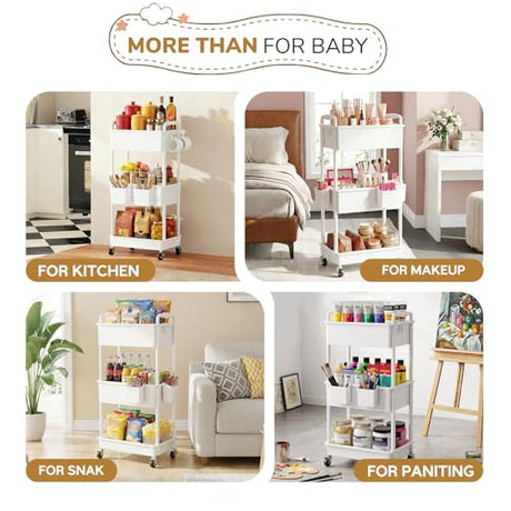 Goovilla Diaper Cart with Lockable Wheels and Easy Assembly, 3 Tier White Rolling Cart for Baby Nursery Storage, Sturdy Ample Diaper Caddy Organizer for Baby Girl, Boy, New Mom, Newborn Essentials Goovilla