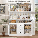 HIFIT 71.4” H Kitchen Pantry Storage Cabinet, Farmhouse Tall Pantry Cabinet with 3 Bread Storage Containers and Cable Hole, 47.2” Wide Kitchen Hutch with 7 Metal Hooks and Glass Doors, White HIFIT