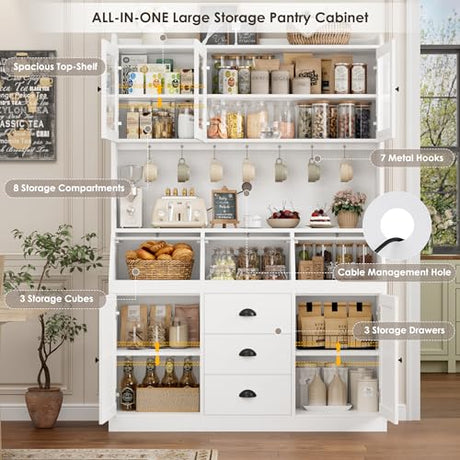 HIFIT 71.4” H Kitchen Pantry Storage Cabinet, Farmhouse Tall Pantry Cabinet with 3 Bread Storage Containers and Cable Hole, 47.2” Wide Kitchen Hutch with 7 Metal Hooks and Glass Doors, White HIFIT
