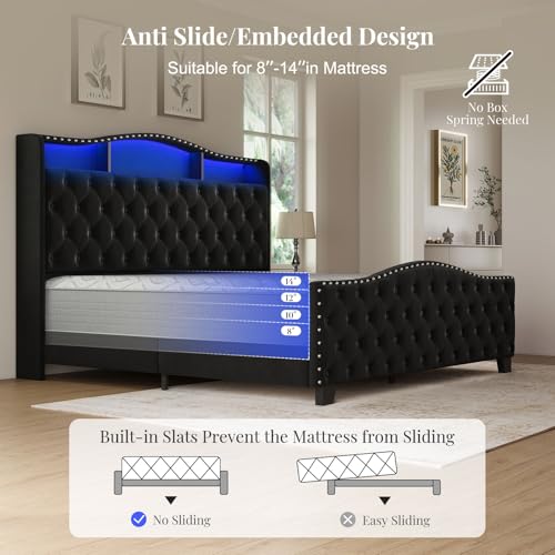 Belffin King Size Bed Frame and Headboard, 50.9" Velvet Upholstered Wingback Bedframe with LED Lights & Storage/Charging Station, Button Tufted Tall Footboard, No Box Spring Needed, Noise-Free, Black Belffin