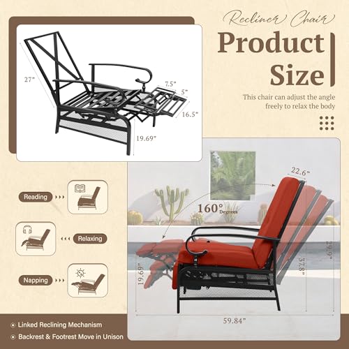 Oakcloud Adjustable Outdoor Lounge Chair Metal Patio Relaxing Recliner Chair with Removable Cushions(Red)