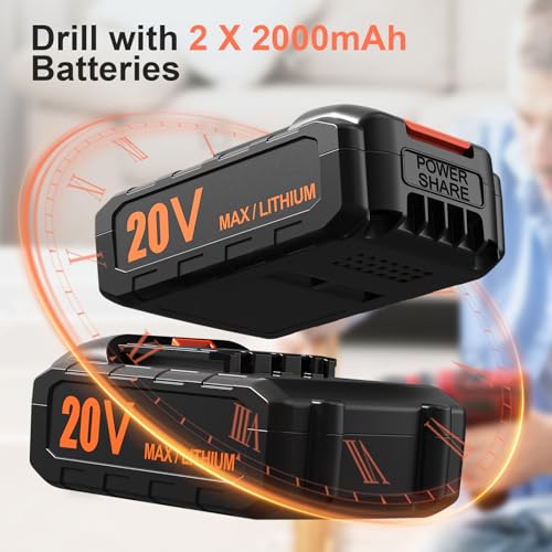 Cordless Drill, 20V Power Drill, Double 2000mAh Batteries Electric Drill, Cordless Drill with Battery and Charger, 3/8" Keyless Chuck Battery Drill with 25+1 Max 370 In-lb Torque, 42Pcs Drill Bits VIWKO