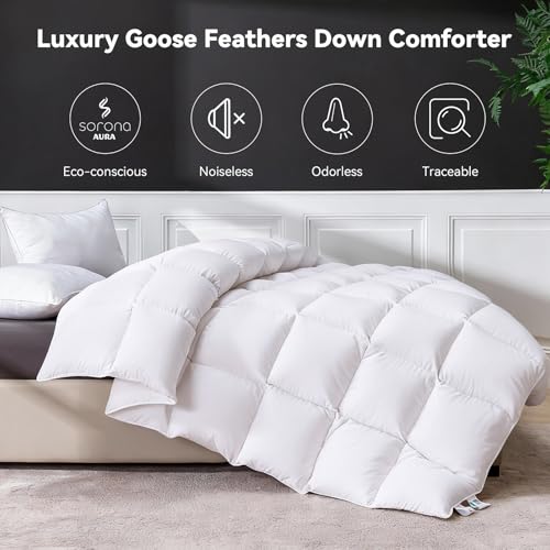 LESNNCIER Goose Feather Down Fiber Comforter Queen Size, Ultra Soft Medium Warm Duvet Insert, All Season Luxury Hotel Bedding Comforters with Corner Tabs(White,90x90) LESNNCIER