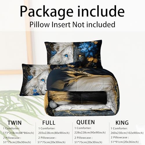 lneffble Lion Print Comforter Set King Size for Kids Boys,Black White Lion and Flower Pattern Bedding Set,Microfiber Tropical Safari Wild Animal Quilt Set with 2 Pillowcases lneffble