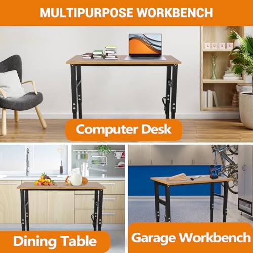 60" Adjustable Workbench with Power Outlet, Heavy Duty 60" x 20" Work Benches with Foot Pads, 2500 LBS Load Capacity Work Bench for Garage, Workshop EliteEdge
