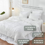 Bonlino Queen Comforter Set White Bedding - Ruched Comforter Queen Size Bed Set Boho Shabby Chic Bedding for Bedroom Comforter Fluffy 3 Piece Ruffle Comforter Set with Pillow White Soft Bonlino