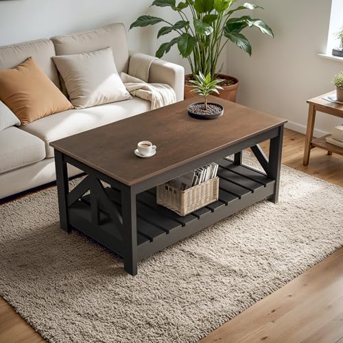 YESHOMY Farmhouse Coffee Table, Coffee Tables for Living Room, Farmhouse Square Coffee Table with Storage, Couch Table, Small Tables for Small Spaces, Brown and Black YESHOMY