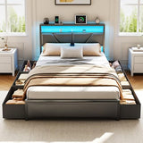 OURPIC Full Size Bed Frame, 2-Tier Storage Headboard & 6 Drawers, PU Leather Upholstered Platform Bed Frame Full with Charging Station and LED Lights, No Box Spring Needed, Noise Free OURPIC